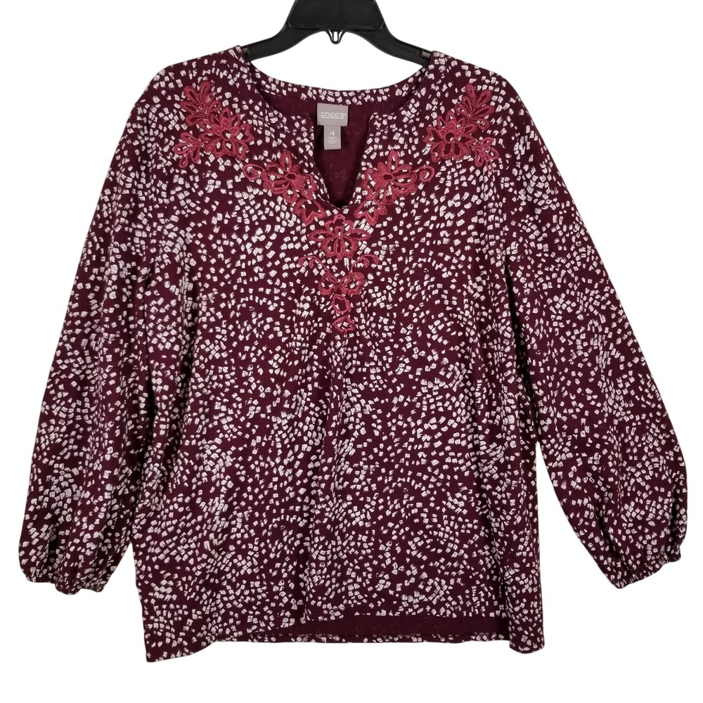 Chicos Burgundy Abstract Print Embroidered Split Neck Top Sz 4 2XL Cotton Modal